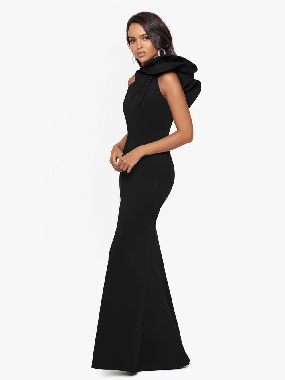 Betsy & Adam Black One-Shoulder Bow Gown - Picture 3 of 6